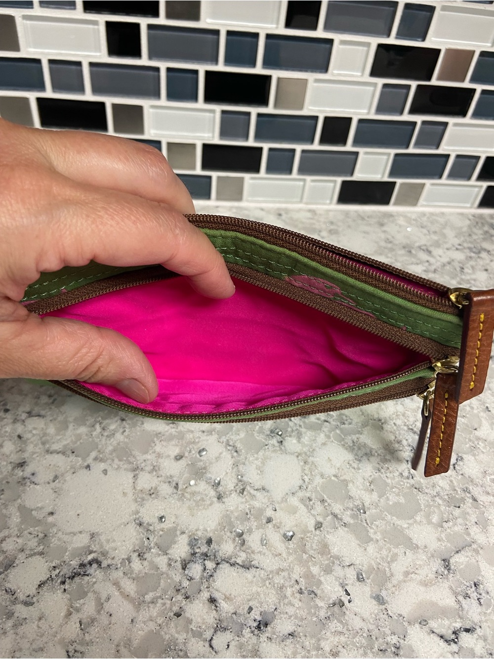 Dooney & Bourke Green Canvas Triple-Zip Pouch with Pink Duck Print - Picture 4 of 5
